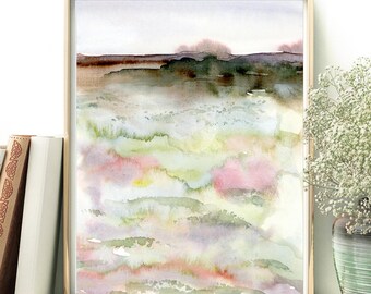 Pode incluir: Pintura abstrata em aquarela em tons de verde, rosa e roxo. A pintura representa uma paisagem com uma linha do horizonte e uma série de colinas suaves e fluidas.
