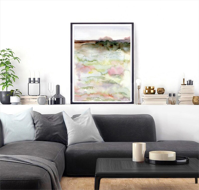 Abstract Landscape, Pink and Green Artwork, Modern Print Art, Field