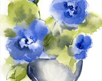 Peut inclure: Une peinture à l'aquarelle d'un bouquet de fleurs bleues dans un vase gris. Les fleurs sont peintes dans un style libre et impressionniste, avec des bords doux et des nuances subtiles. Le vase est simple et élégant, avec une forme ronde et lisse.