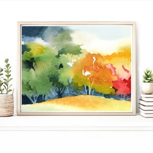 May include: Watercolor painting of a forest scene with trees in shades of green, yellow, orange, and red. The trees are painted in a loose, impressionistic style, and the background is a soft blue.