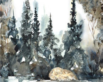 Pine Tree Painting,  Forest Landscape Watercolor, Dark Colors Wall Art Print, Fall Colors Wall Decor, Minimalist Art, Nature Walks Artwork