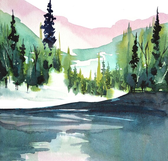 Mount Rainier, Colorful Landscape, Fine Art Watercolor, Bright Picture Decor, Mural Art, Pink, Teal Green, Blue Tones, Mountain Stream, mt