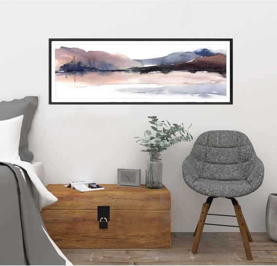 Over Sofa 12x36, 20x60", Large Horizontal Giclee Print Art, Brown Grey Black Watercolor Painting, Landscape, Modern Look Living Room Decor