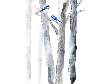 May include: Watercolor painting of two blue jays perched on the branches of gray and black trees. The artwork has a minimalist style with a white background, creating a serene and natural scene. The birds are detailed with blue and white feathers.