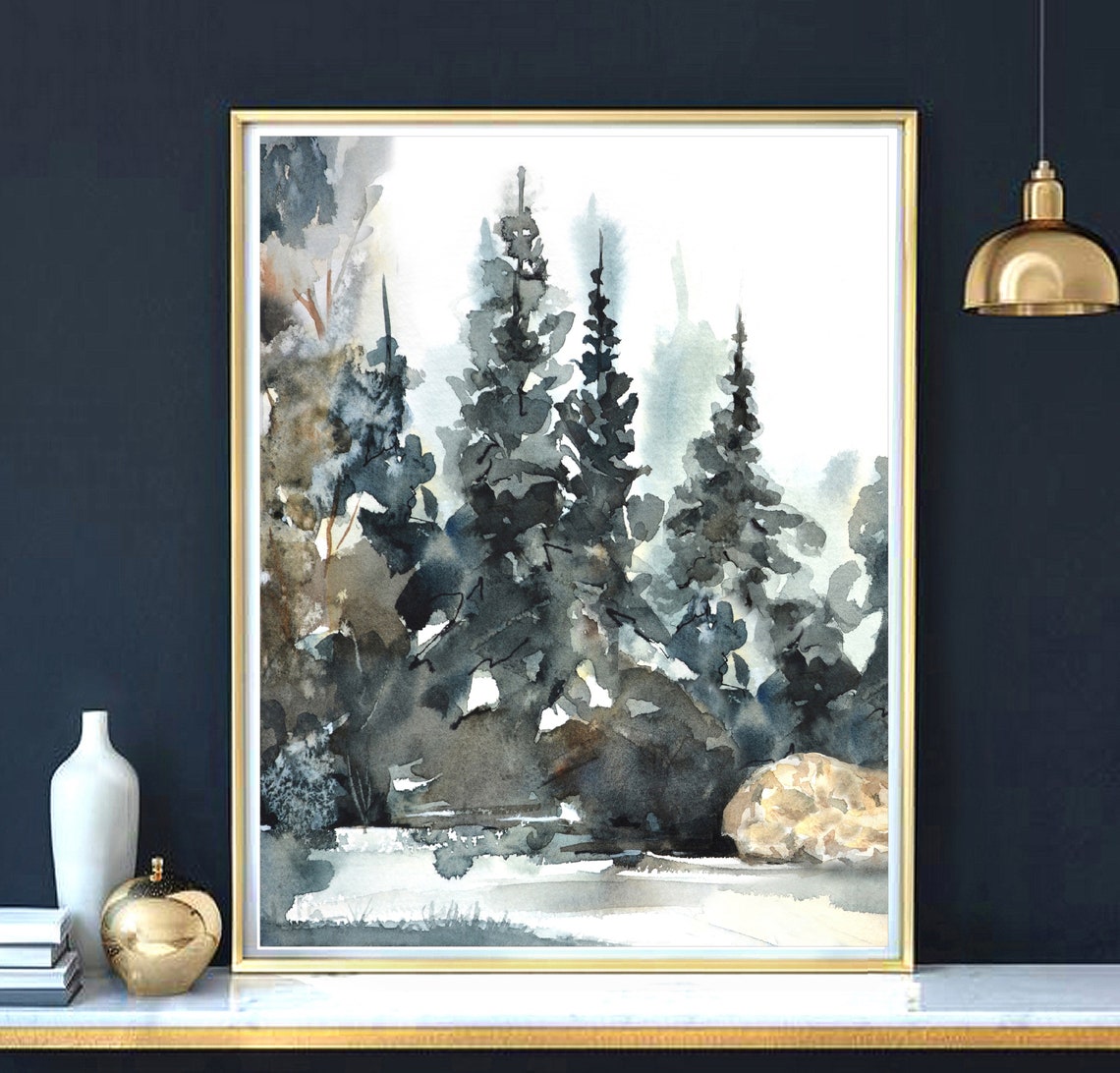 Pine Tree Painting Forest Landscape Watercolor Dark Colors - Etsy