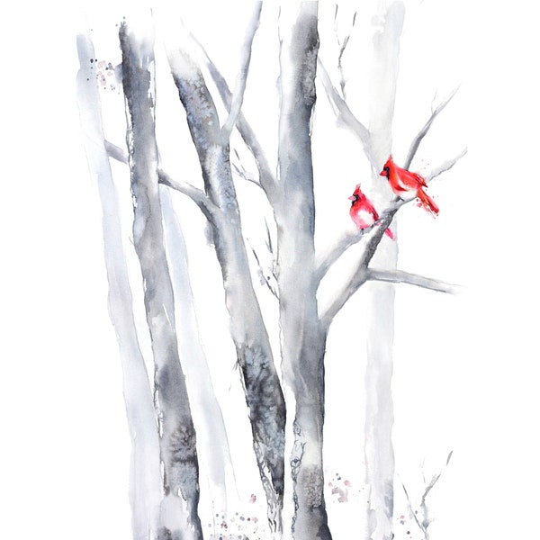 Cardinal Painting, Perfect Christmas Gift, Sentimental Art for Loved One Passing, Meaningful Artwork, Birch Tree Picture, Two Birds Print