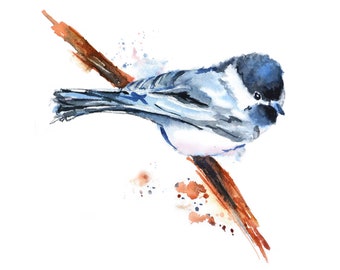 Bird Watercolor Painting Print, Little Blue Bird Art, Chickadee Painting, Animal Watercolor, Bird on a Branch, 5x7 ,8x10, 11x14, 13x19, Girl