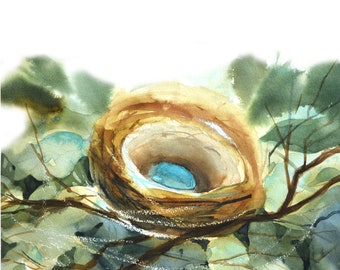Bird's Nest Painting, One Robin Egg, Farmhouse Decor, Housewarming Gift, Folk Art Print, Nest in Branches,  Blue Watercolor, Nursery Wall
