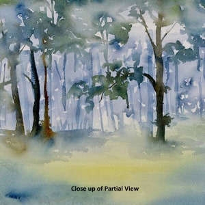 May include: Watercolor painting of a misty forest scene with tall trees and a blue-grey background. The trees are silhouetted against the fog, creating a sense of mystery and depth.