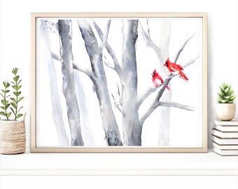 4x6 Christmas Watercolor Print For Living Room, Small Wall Decor, Birch Tree Landscape Painting, Cardinal Fine Art Giclee, Mourning