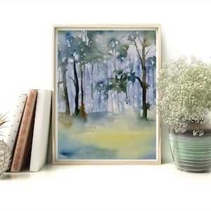 May include: A watercolor painting of a forest scene with tall trees and a blue and green color scheme. The trees are painted in a loose, impressionistic style, and the background is a soft, hazy blue.
