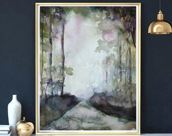 Moody Decor, Multi Colors Mural, Dark Watercolor Print, Forest Path Abstract Landscape Art, Purple Green Wall Hanging, Textured Look Design