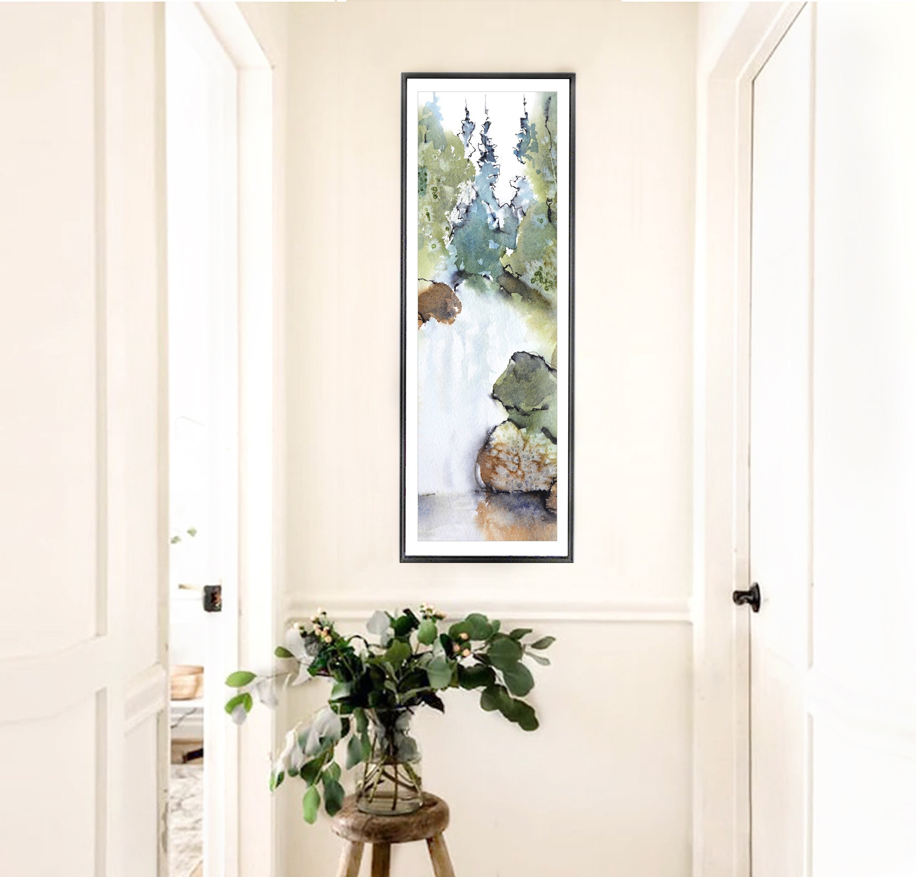 12x36, 16x48 Large Hallway Decor, Tall Thin Painting, Narrow Artwork, Long Vertical Print Art, Waterfall Mountain Landscape, Loose Style