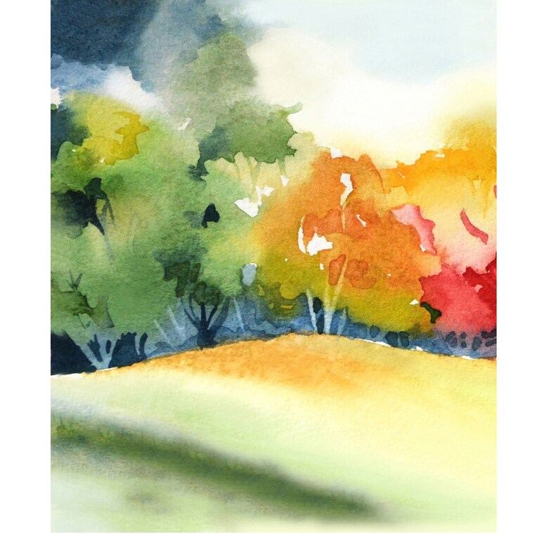 May include: Watercolor painting of a landscape with trees in shades of green, orange, and red. The trees are in the background, and a grassy hill is in the foreground.