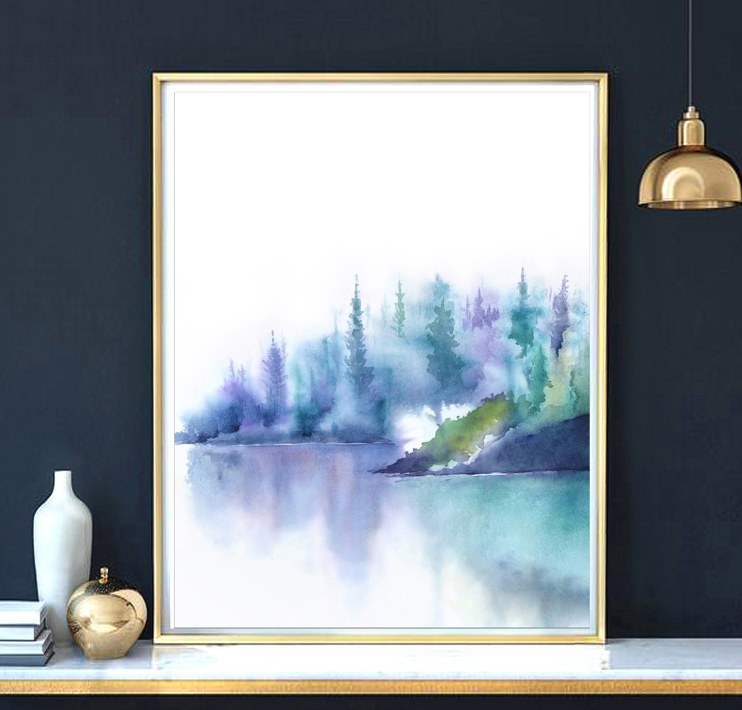 Turquoise Wall Art Watercolor Print, Mountain Landscape, Mountain Decor ...
