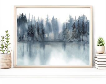 Indigo Blue Wall Art, Modern Abstract, Misty Forest Early Morning Landscape, Fog Watercolor Print, Relaxing Painting, Mist Horizon, 4x6 Inch