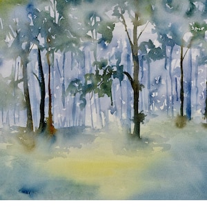 May include: Watercolor painting of a misty forest scene with tall, slender trees in shades of blue and green. The trees are silhouetted against a light blue background, creating a sense of depth and mystery.