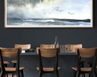 Dramatic Sky Artwork, Large Horizontal Narrow Over Bed Giclee Art Print, Long Thin Seascape Painting, Sea,  Modern Look Living Room Decor