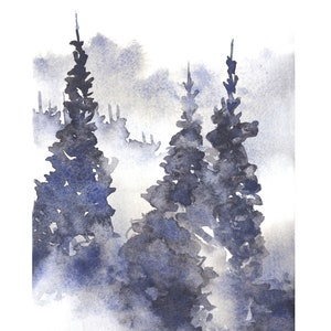 May include: Watercolor painting of two tall, dark blue pine trees in a foggy forest. The trees are silhouetted against a light blue and white background.
