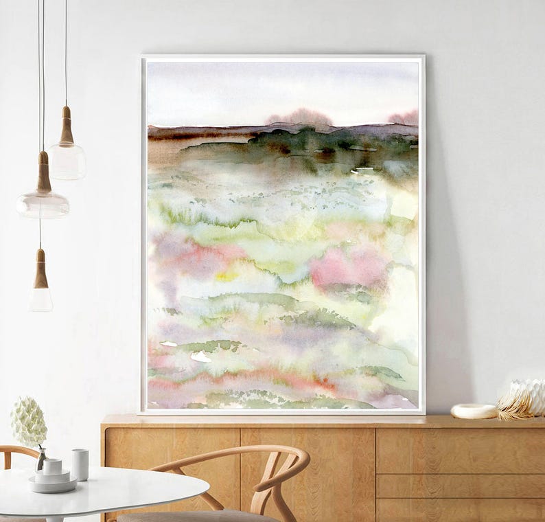 Abstract Landscape, Pink and Green Artwork, Modern Print Art, Field