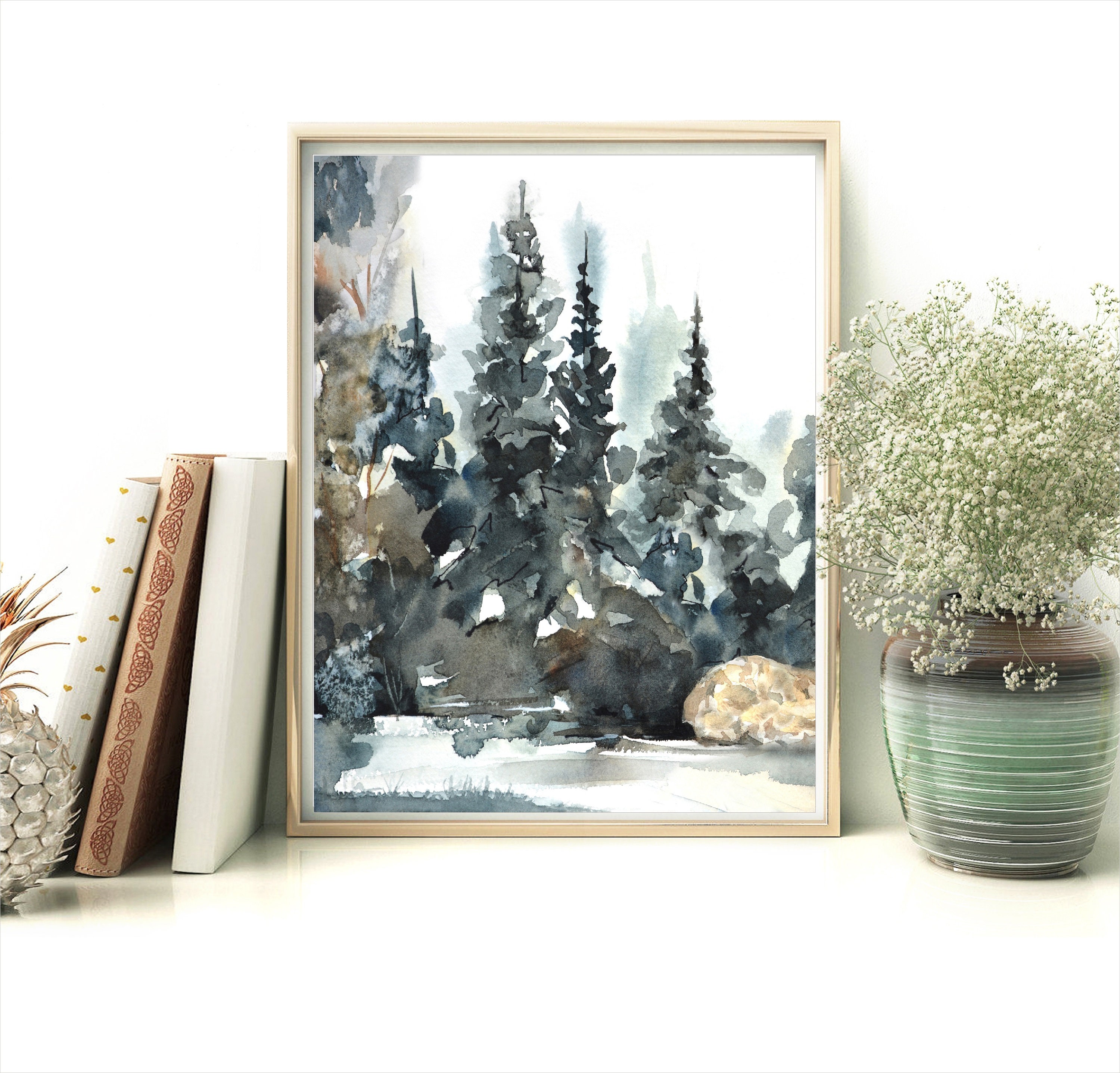 Pine Tree Painting, Forest Landscape Watercolor, Dark Colors Wall Art ...