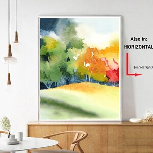 May include: Watercolor painting of a forest scene with trees in shades of green, yellow, orange, and red. The trees are set against a background of a light blue sky and a yellow field.
