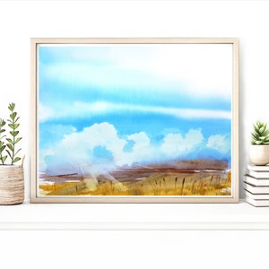 May include: Watercolor painting of a landscape with a field of tall grass in the foreground, a blue sky with white clouds, and sunbeams shining through the clouds.