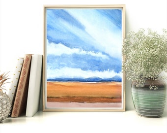 4x6 Inch on SALE 45% OFF Cloud Landscape, Small Art Watercolor Print, Farmland Theme Landscape Watercolor, Perfect Gift Idea, Calming Nature