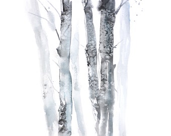 Birch Tree Art Print Painting, Forest Illustration, Landscape Watercolor Artwork, Grey Blue Accent Art,  White Background, Neutral Color Art