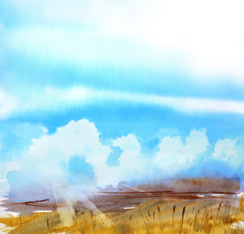 May include: Watercolor painting of a field of tall grass with a blue sky and white clouds in the background. The sun is shining through the clouds, creating a warm glow on the field.