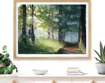 Forest Artwork, Relaxing Landscape Art,  Trees Painting Print, Large Blue Wall Hanging, Watercolor Decor Watercolor Painting Design
