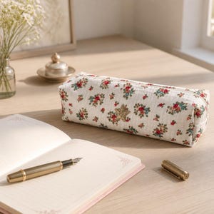 Peut inclure: Une trousse rectangulaire en tissu blanc cassé avec un motif floral répétitif composé de petites fleurs rouges, roses et vertes. Une unique décoration en forme d'étoile dorée est centrée sur le devant de la trousse.