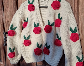 Rose cardigan 3d knit sweater Oversized Cardigan Handmade cardigan unique gift