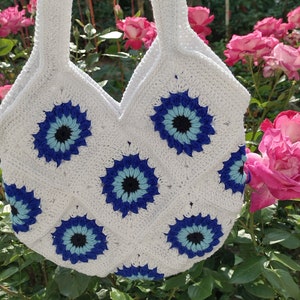 Handmade Crochet Bag Blue Bag Whide Bag Granny Square Bag Tote Bag Gift For Her Evil Eye Bag