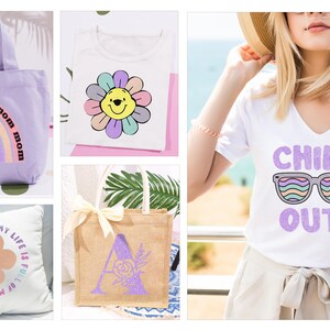 Może przedstawiać: Kolekcja toreb typu tote, koszulek i poduszek z kolorowymi wzorami z tęczami, kwiatami i tekstem "Chill Out!" i "Moje życie jest pełne cud&oacute;w".