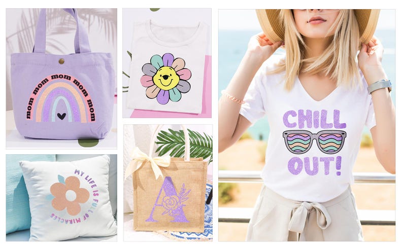 Może przedstawiać: Kolekcja toreb typu tote, koszulek i poduszek z kolorowymi wzorami z tęczami, kwiatami i tekstem "Chill Out!" i "Moje życie jest pełne cud&oacute;w".