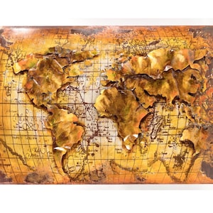 Metal world map; 3D look; handmade; painting: 120 cm x 80 cm