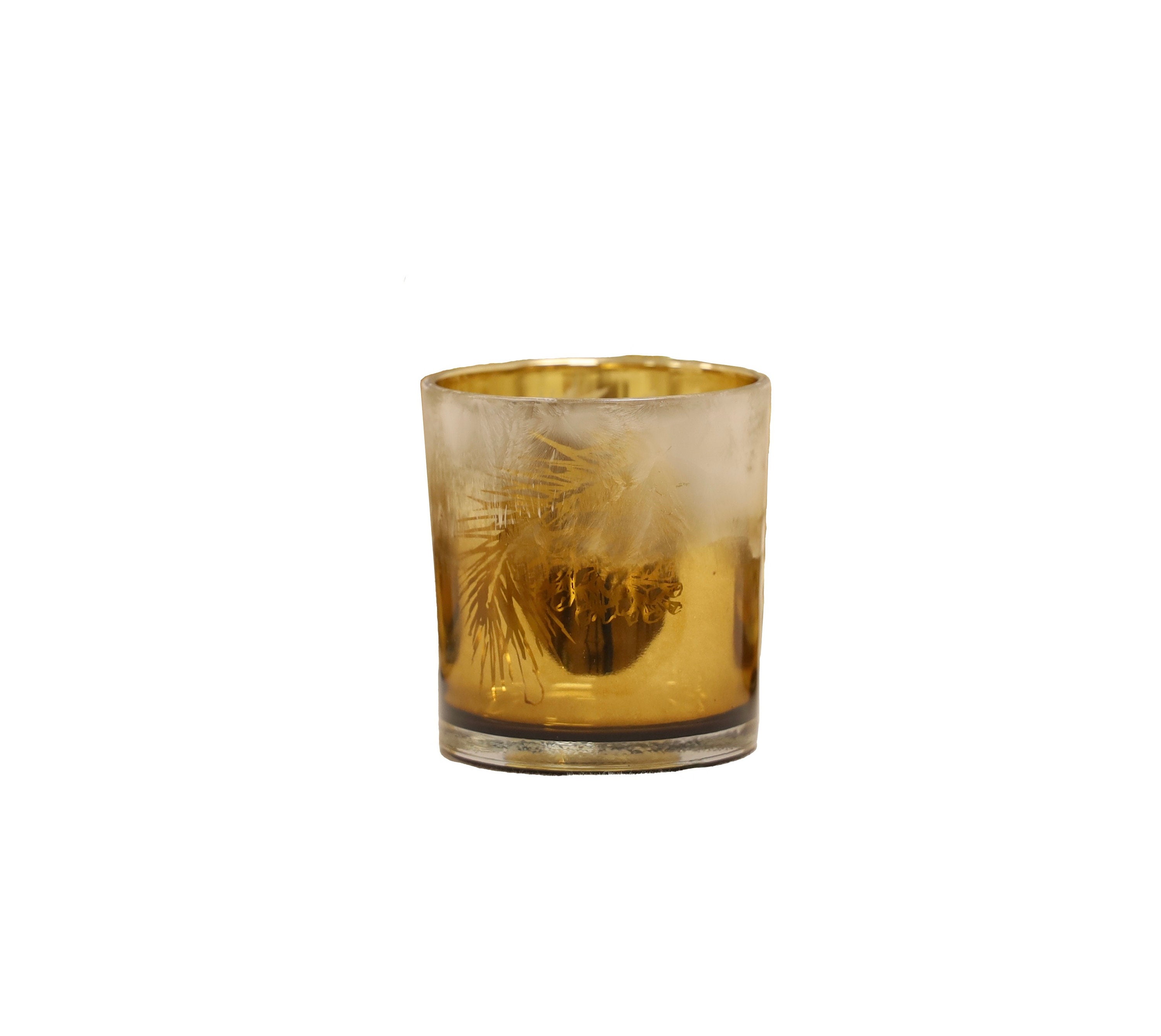 Lantern; tealight glass white-gold; with pine motif