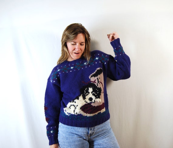 Vintage 80s Blue Knit Wool Sweater With Puppy From Woolrich - Etsy