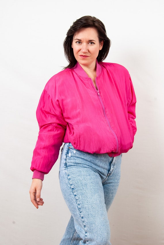 Vintage 80s Pink Silk Bomber Jacket from Marguerit