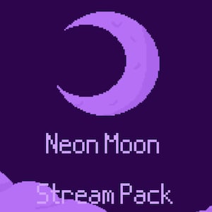 May include: Pixel art graphic featuring a purple crescent moon against a dark purple background. The text "Neon Moon Stream Pack" is displayed in a pixelated font, with a cloud-like design at the bottom.