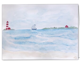 Greeting map, maritime watercolor art print, sea/beach/house/sailboat/lighthouse, printable folding map, digital download, 8.5x11"/5x7"