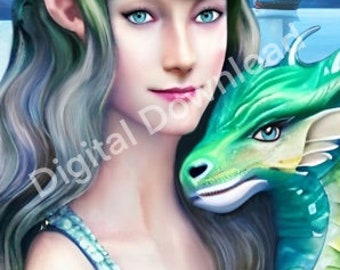 Friends forever, elf and pet dragon, friendship, watercolor art print, printable art, digital instant download, DIN A4 / 8.5x11"