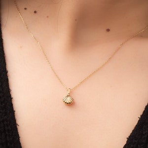 Pode incluir: Um colar de corrente de ouro com um pequeno pingente de concha detalhado.