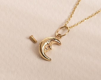Halbmond Mond Urne Anhänger, 14K Echtgold Feuerbestattung Halskette, kleine Mond Urne Halskette für menschliche Asche, himmlische Urne Anhänger, Sympathie Geschenk