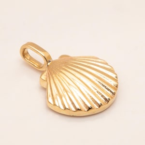 Puede incluir: Un dije de concha de mar de color dorado. La concha está detallada con crestas y tiene un bucle en la parte superior para sujetarlo a un collar o pulsera.