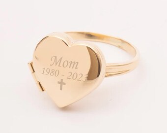 14K Real Gold Heart Locket Ring, Memorial Locket Signet Ring, Custom Photo Locket Ring, Yellow Gold Memorial Heart Ring, Heart Locket Ring