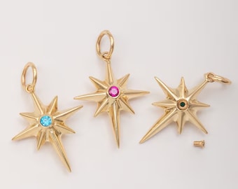 Nordstern-Urne mit Geburtsstein 14K 18K Echtgold Feuerbestattung Andenken Anhänger, Gedenkstätte Massiv Gold Starburst Urne Halskette, Erinnerung Anhänger