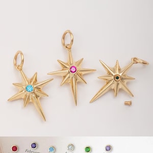 North Star Urn with Birthstone 14K 18K Real Gold Cremation Keepsake Pendant, Memorial Solid Gold Starburst Urn Necklace, Remembrance Pendant