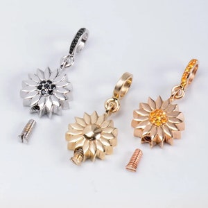 Sunflower Cremation Urn Pendant in 14K 18K Real Gold, Personalized Memorial Diamond or Cz Flower Ashes Charm for European Bracelet Necklace